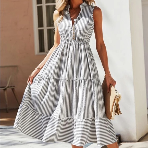 Boho striped notched neck button detail dress - Picture 16 of 16